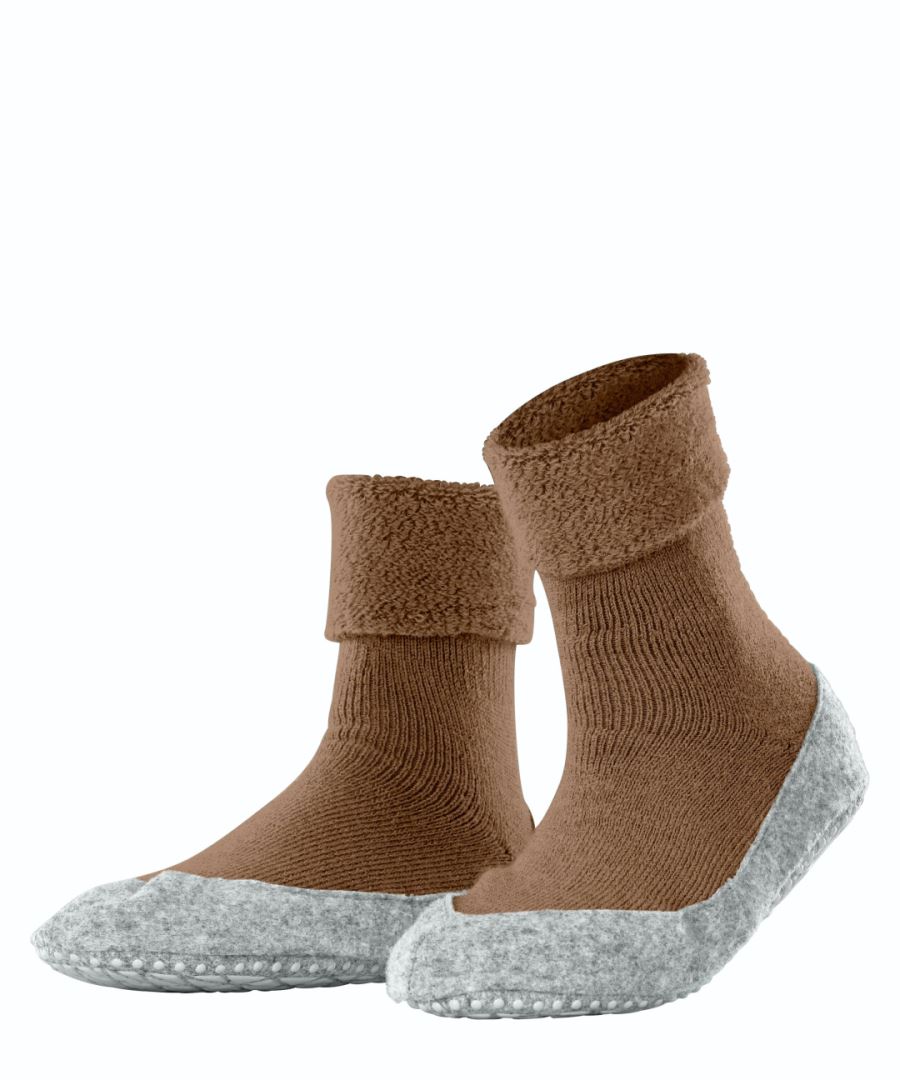 FALKE Cosyshoe Slofsokken comfortabel warm winter antislip ondoorzichtig zacht mid-rise met vilten zool zonder motief met noppen Merinowol Bruin Dames sokken - Maat 39-40